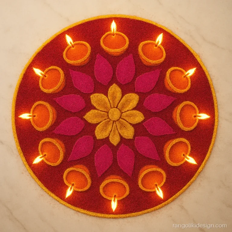 Rangoli stickers on marble tiles forming a ring of diyas and magenta petals