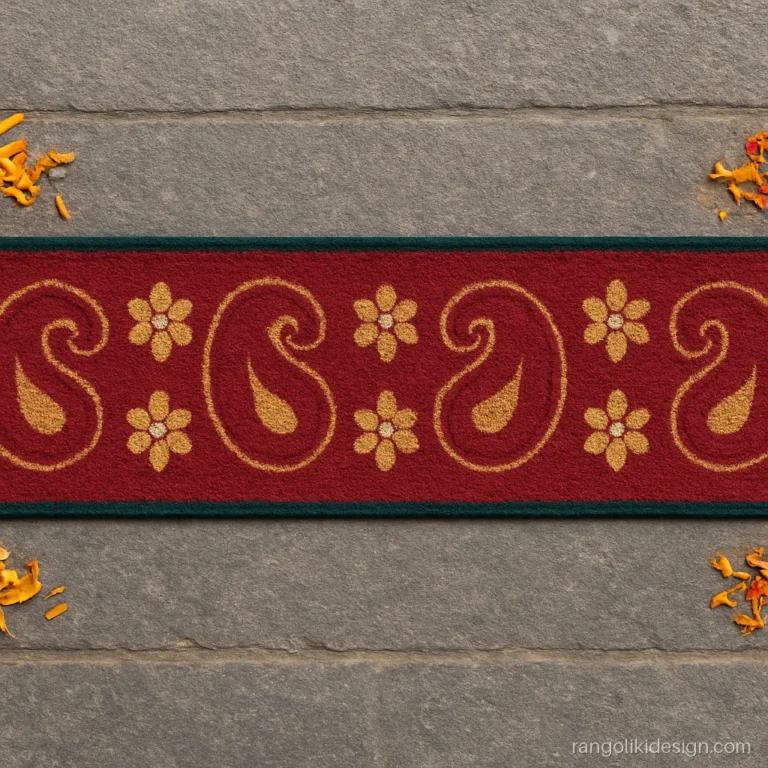 Border rangoli mat in woven wool running along a doorstep with paisleys and flowers