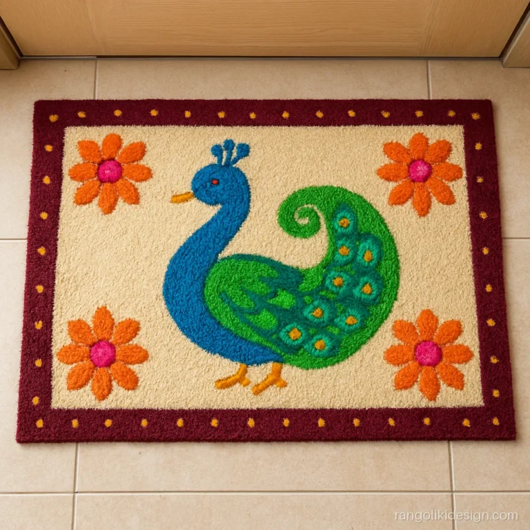 Woolen rangoli mat design with a peacock for the main door