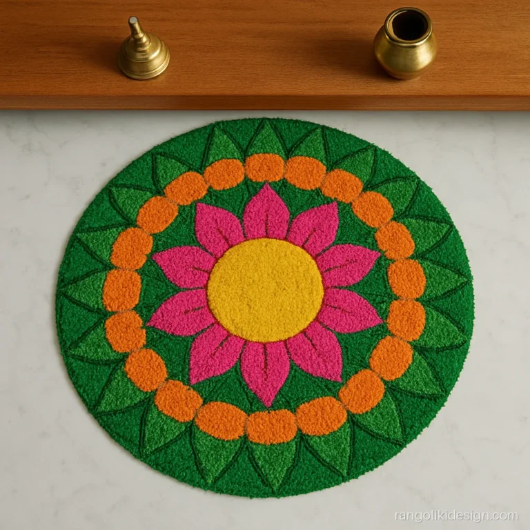 Round woolen rangoli mat design with a pink and orange mandala in front of a pooja shelf