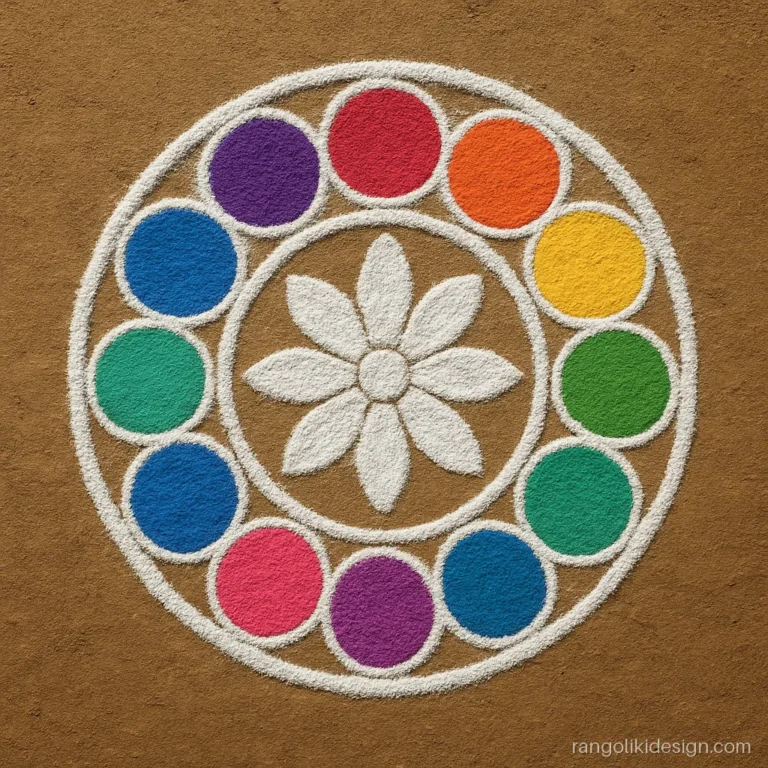 Simple round rangoli designs with colours: twelve bangle circles around a white flower