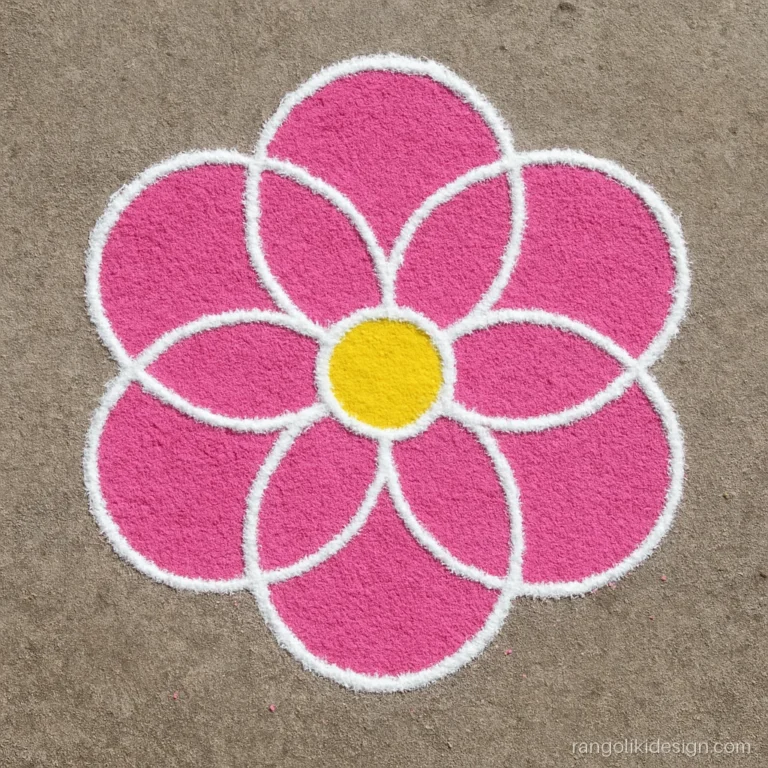 Easy round rangoli designs made with a bangle: seven overlapping circles in pink