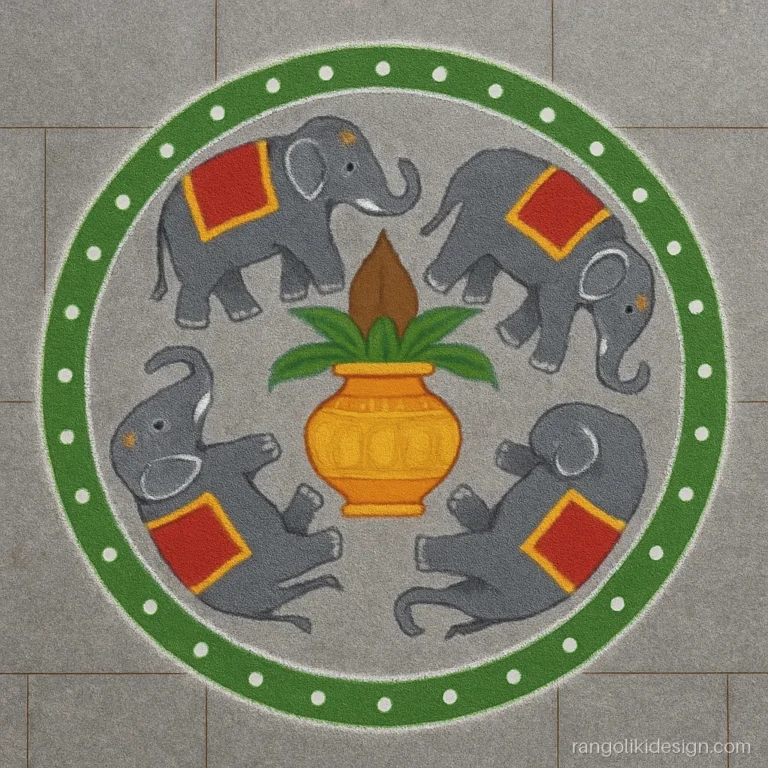 Big round rangoli designs with colours showing four elephants around a gold kalash