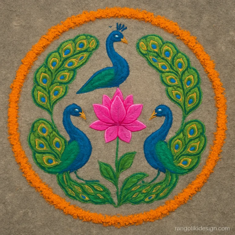 Big round rangoli designs with four peacocks around a lotus centre