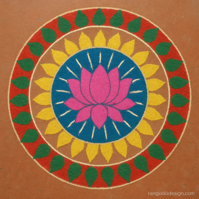 Big circle rangoli design with a lotus centre, blue spokes and a leaf border