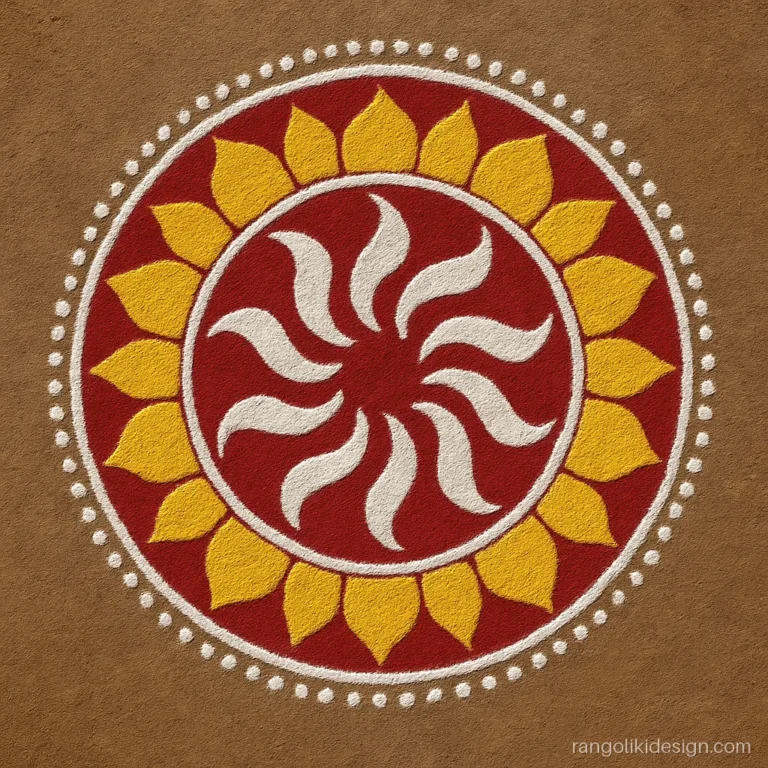Round big rangoli in Sanskar Bharti style with bold white strokes on dark red