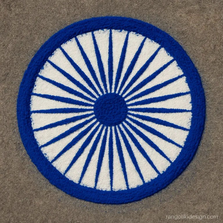 Chakra rangoli design with a blue wheel of twenty four spokes in a circle