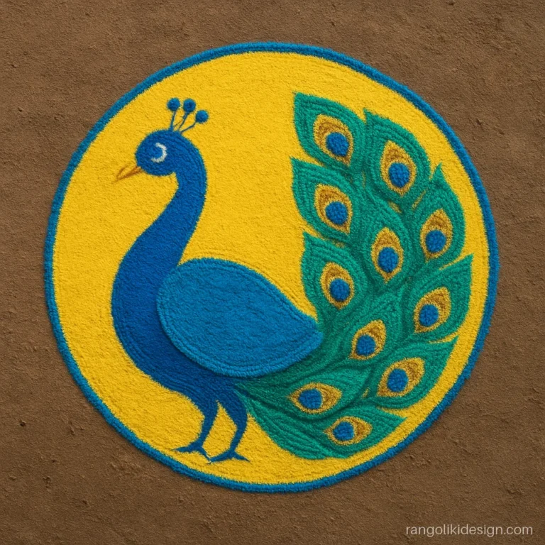 Circular rangoli designs with a blue peacock curled inside a yellow circle