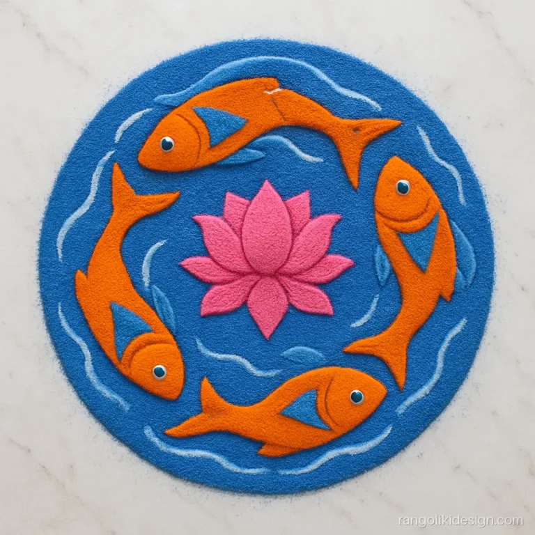 New circle rangoli designs with four fish swimming round a lotus