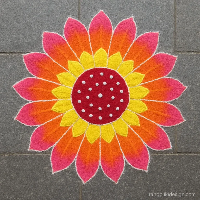 Beautiful round rangoli design with twenty petals shaded from orange to pink