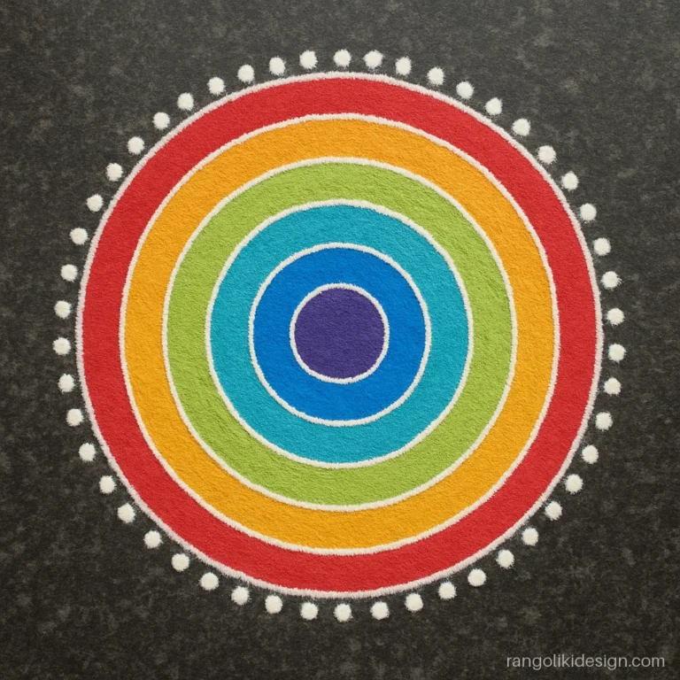 Round rangoli designs with colours in seven rainbow bands with white lines