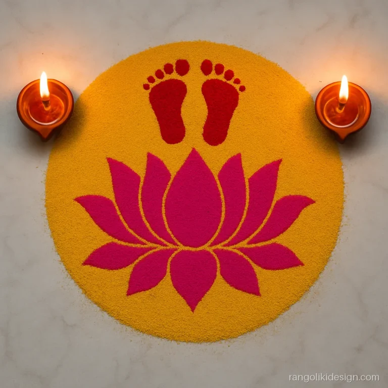 Round rangoli designs for diwali with a lotus circle and Laxmi charan footprints