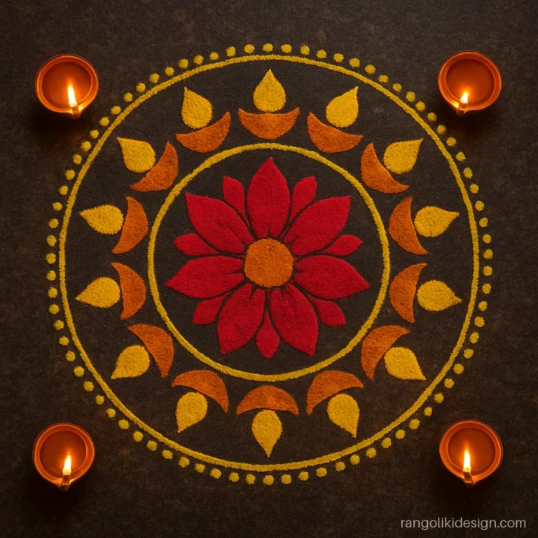 Circle rangoli designs for diwali with twelve drawn diyas around a red flower