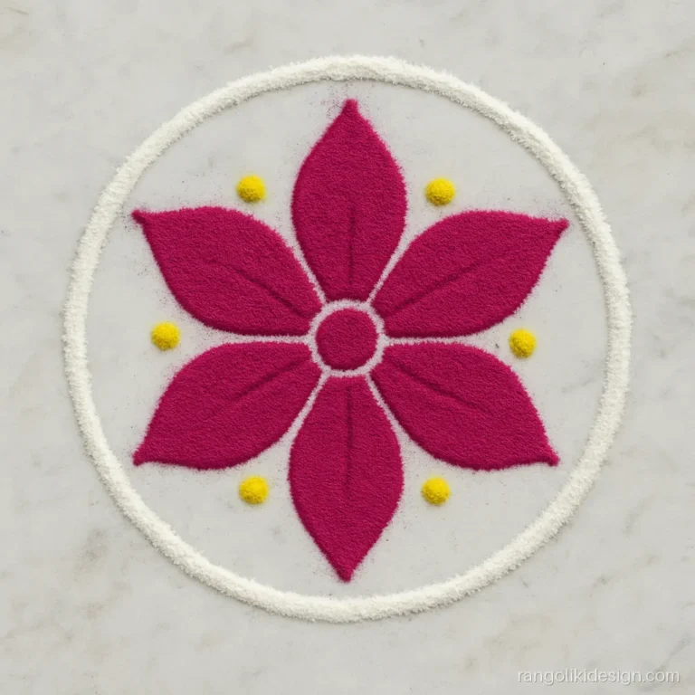 Easy round rangoli designs with a magenta six petal flower inside a white circle