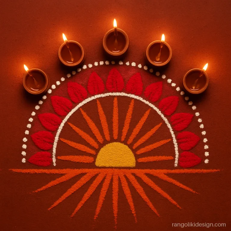 Half circle rangoli designs for diwali with orange rays fanning out at a doorstep