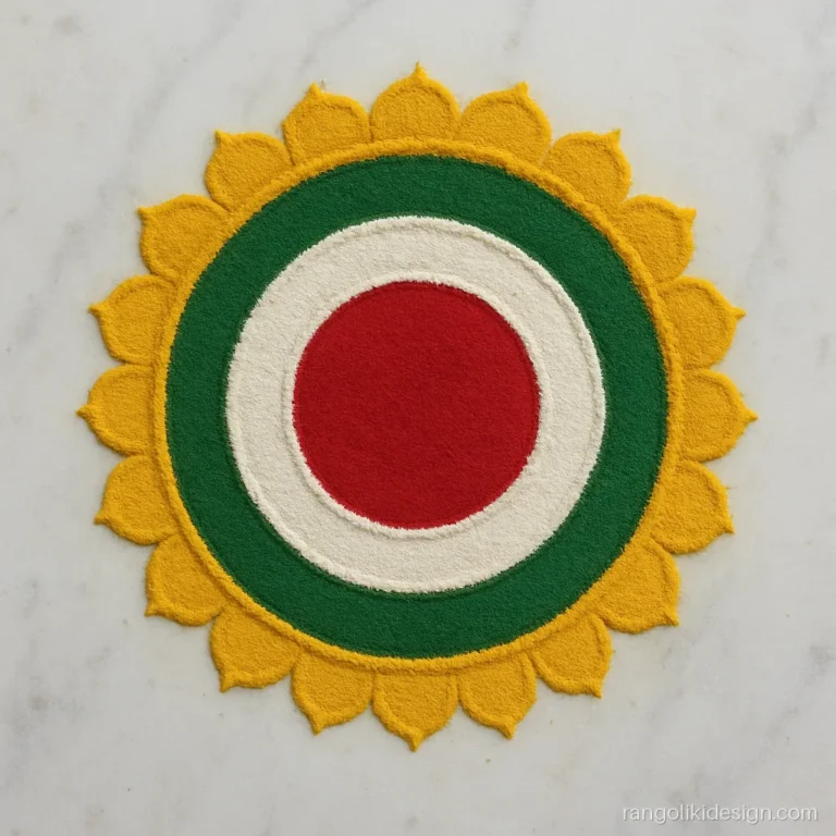Easy simple round rangoli designs with four plate traced rings in red, green and yellow