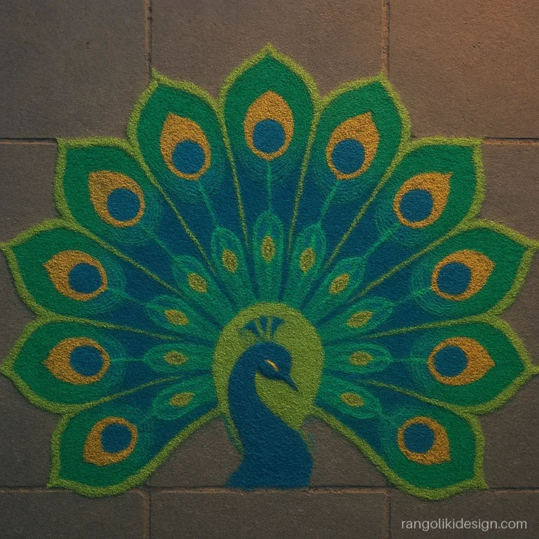 Semicircle rangoli design shaped like a peacock fan in green and blue