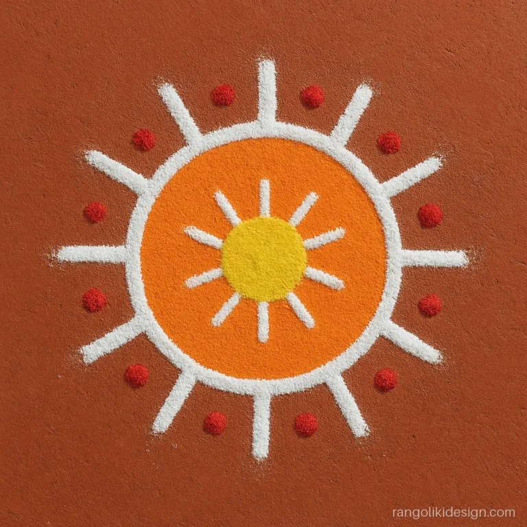 Simple circle rangoli designs: an orange gol wheel with white rays and red dots