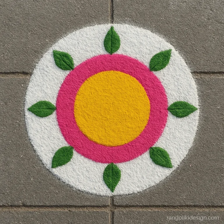 Simple round rangoli design with three rings in yellow, pink and white with leaves