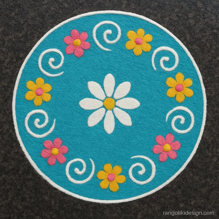 Circular rangoli design drawn with a string, sky blue fill and white swirls