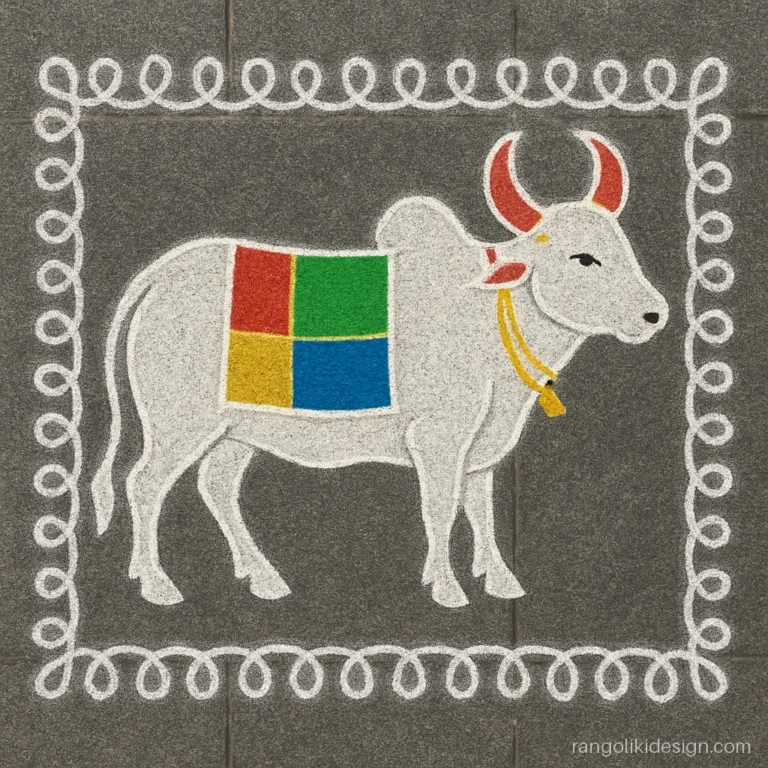 Makar sankranti rangoli design with colours, a decorated gangireddu bull