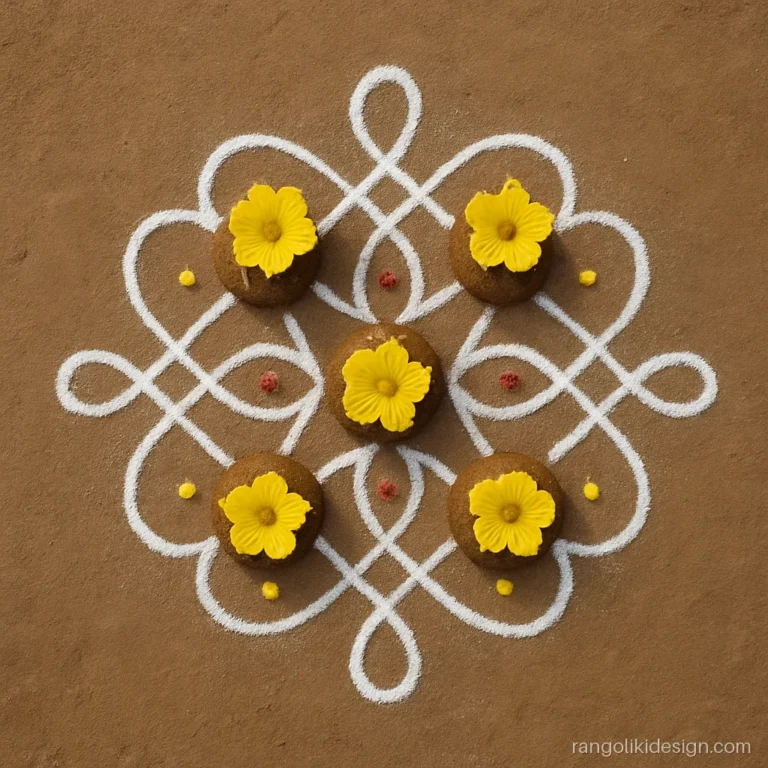Rangoli designs for sankranti with five gobbemma mounds topped with flowers