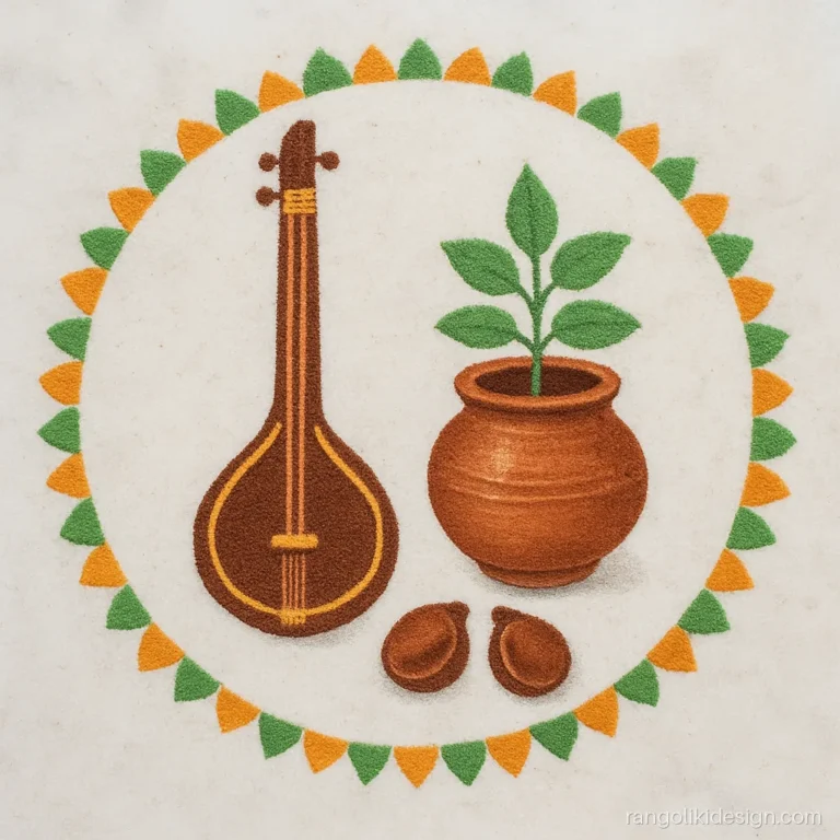 Sankranti special rangoli design with a tambura and copper pot symbol