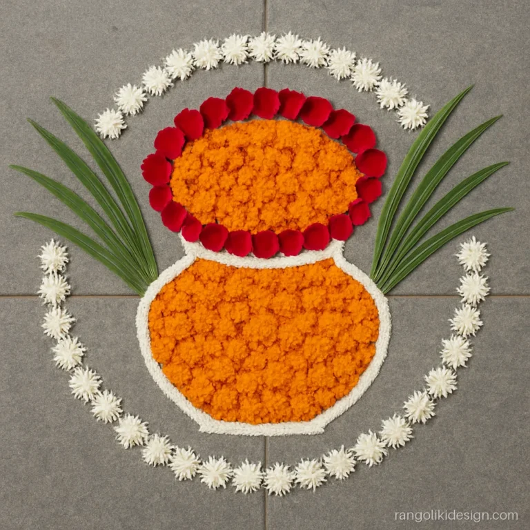 Flower rangoli designs for sankranthi with marigold and sugarcane leaves