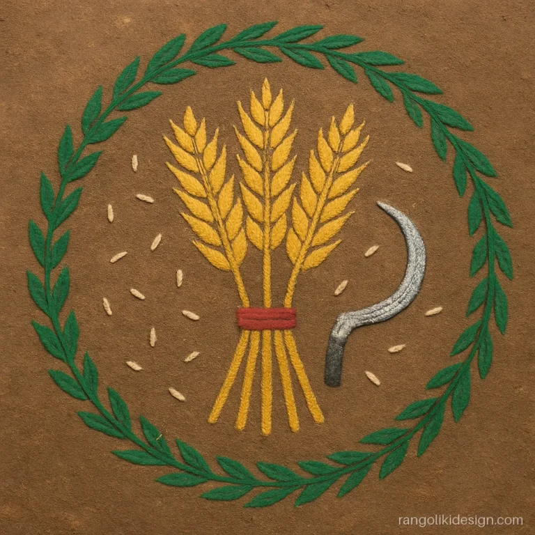 Sankranthi rangoli design with golden paddy sheaves and a sickle