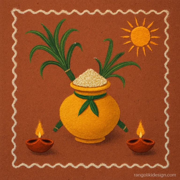 Sankranti rangoli design with a decorated pot and crossed sugarcane