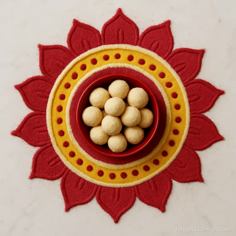 Rangoli designs for sankranti with a til-gul bowl and sesame dots