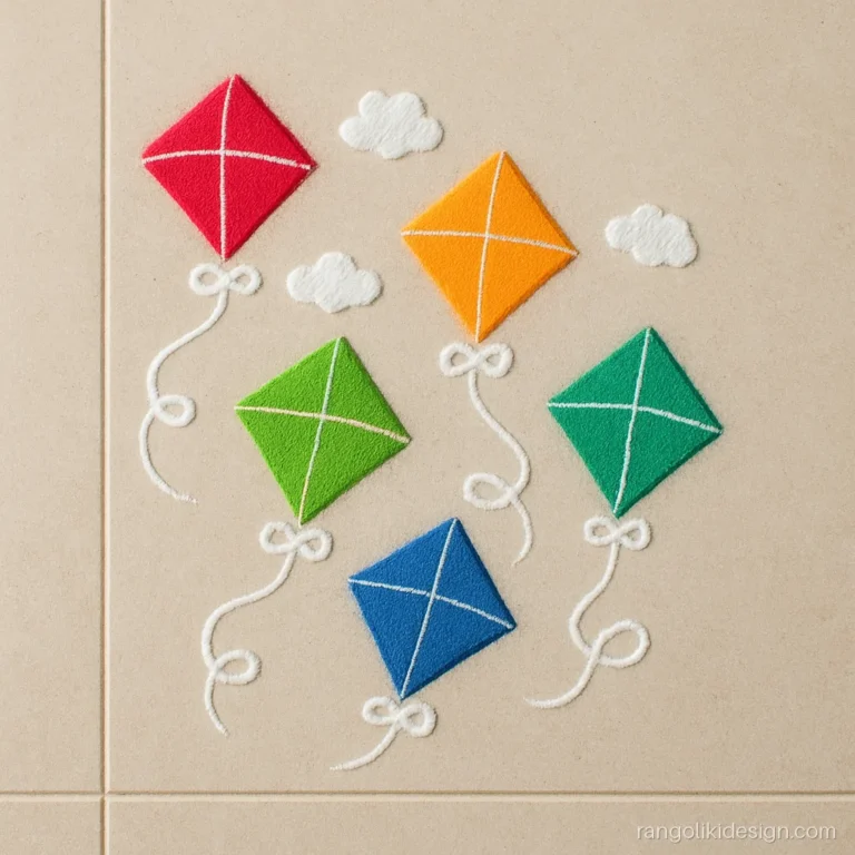 Sankranti rangoli design with colours, a flock of small kites for a corner