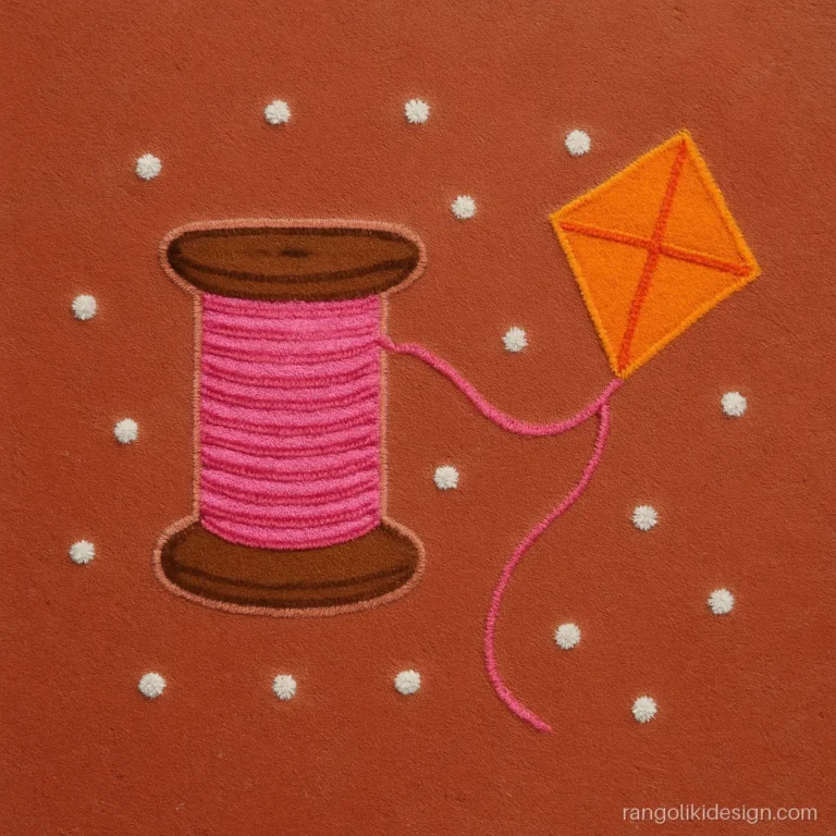 Simple sankranti rangoli design of a kite spool with wound manja string