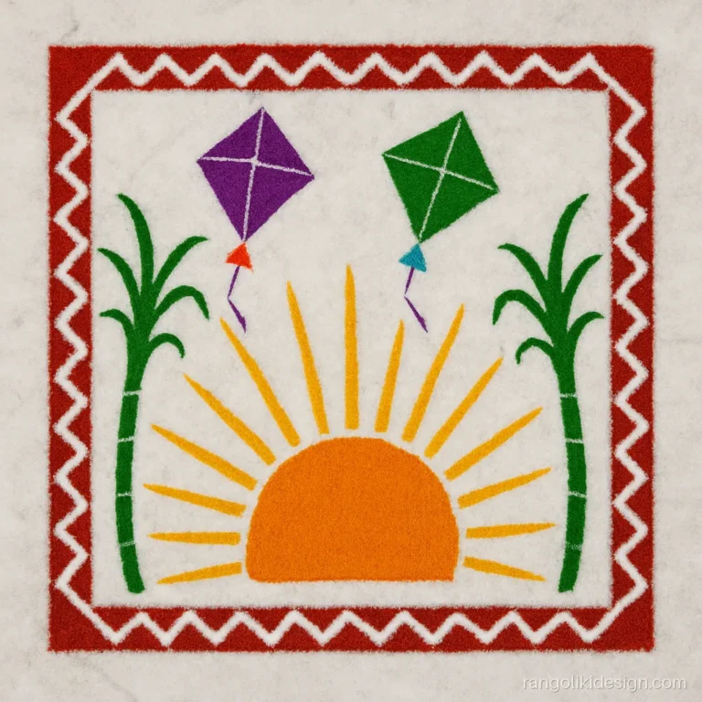 New makar sankranti rangoli design with kites, rising sun and sugarcane