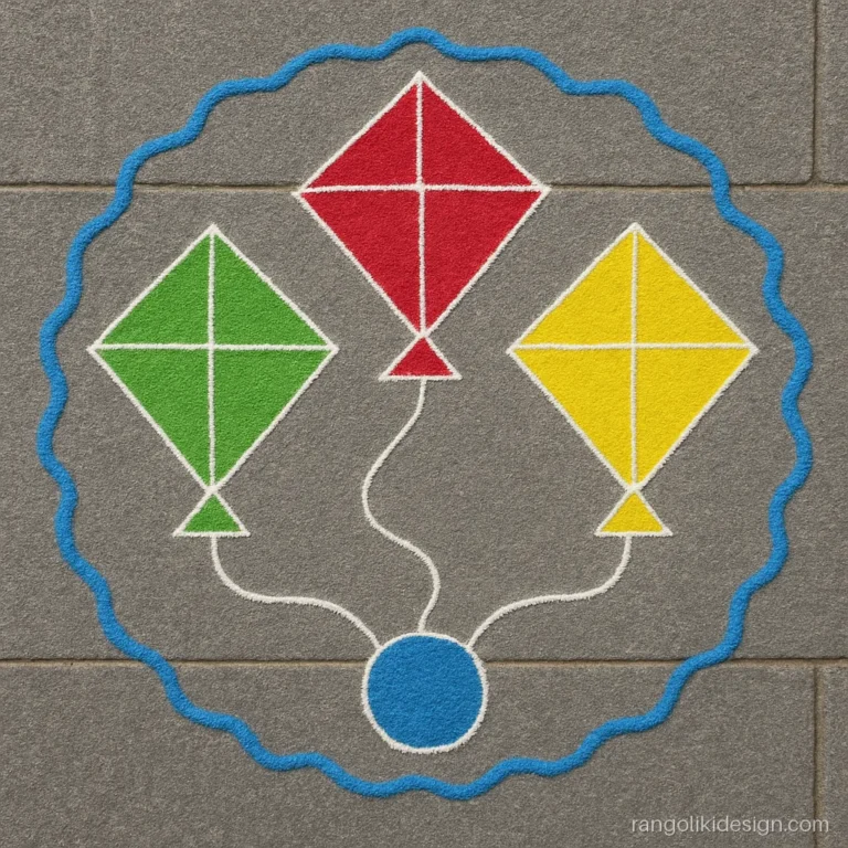 Makar sankranti rangoli design with three colourful kites and flying strings