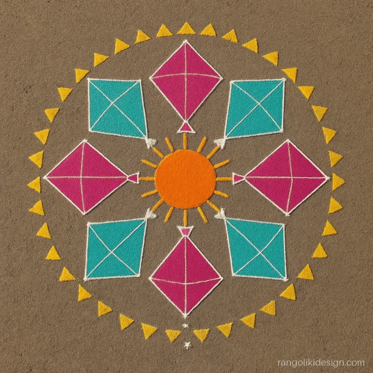 Kite rangoli design with eight kites arranged in a wheel around a sun