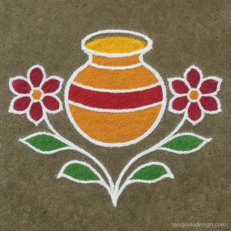 Sankranthi rangoli design with dots on a 13 to 7 grid with a pot