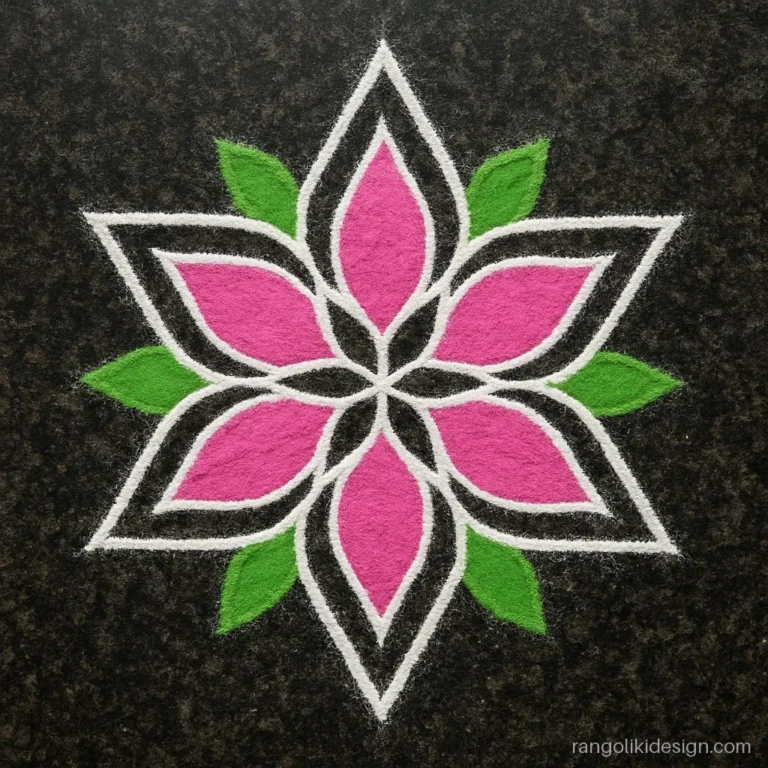 Simple sankranti rangoli design with dots, a star flower on a 9 to 5 grid