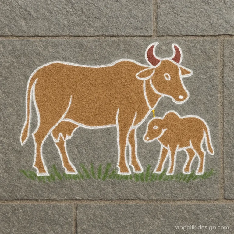 Rangoli design for sankranthi with cow and calf on a dot grid