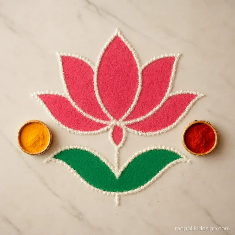 Small rangoli designs for sankranti with a lotus and haldi kumkum bowls