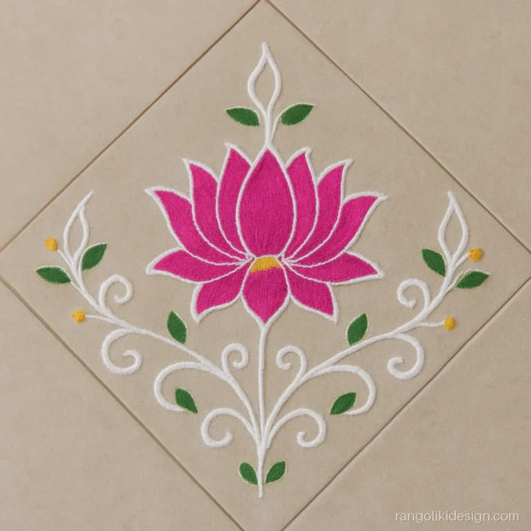Sanskar bharti corner rangoli design with a lotus and climbing vine strokes
