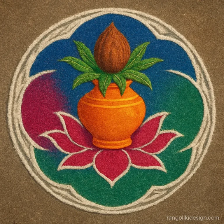 Sanskar bharti attractive big rangoli design with a kalash and mango leaves