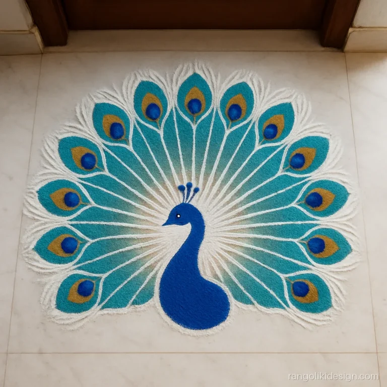 Unique half circle sanskar bharti rangoli design with a peacock tail fan