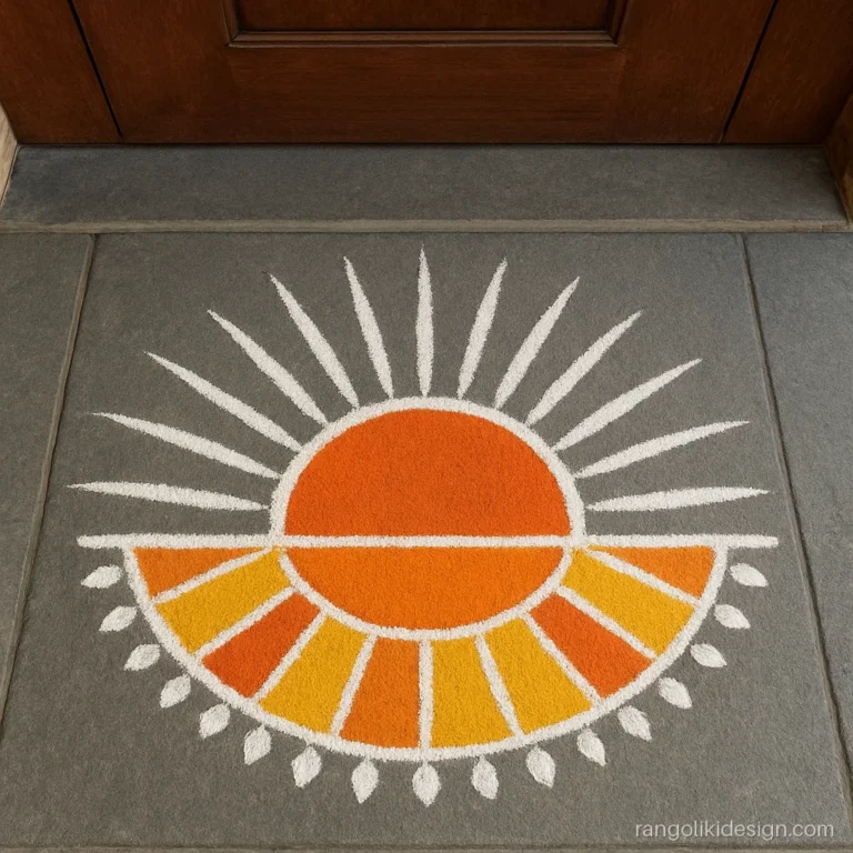 Half circle sanskar bharti rangoli design like a rising sun at a door