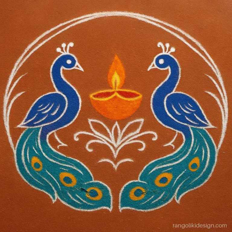 Sanskar bharti peacock rangoli design with two peacocks and a diya