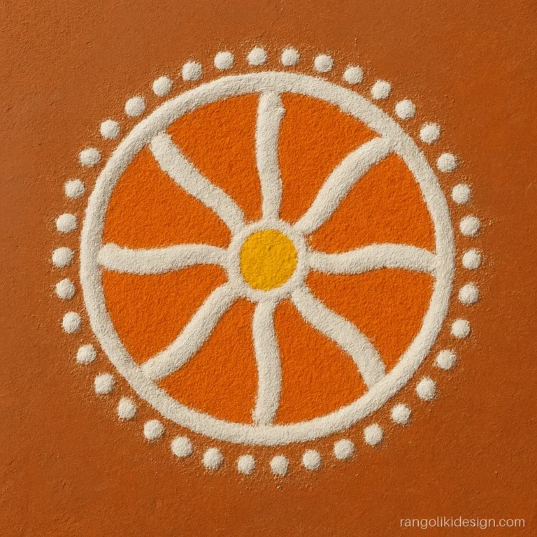 Simple sanskar bharti rangoli design of an eight-spoke chakra with dots