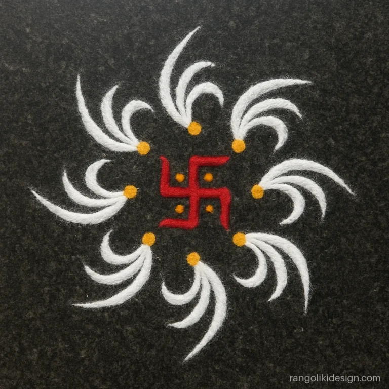 Sanskar bharti simple rangoli design with a red swastik and white curling strokes