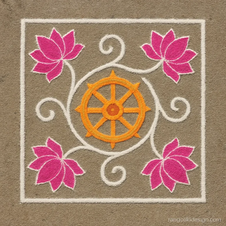 Sanskar bharti square rangoli design with four lotuses in the corners