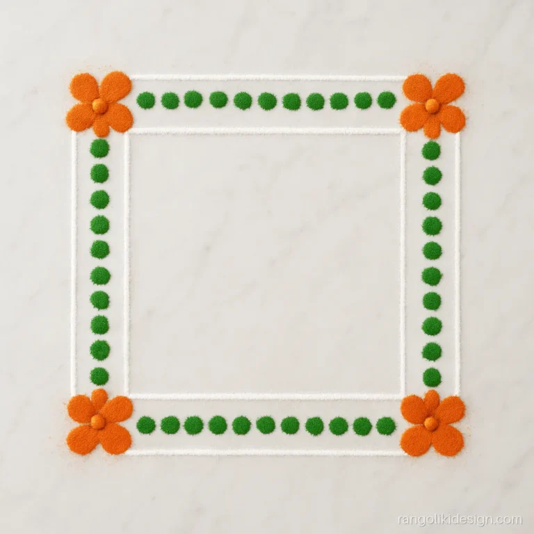Simple rangoli border with a flower at each corner of a square frame
