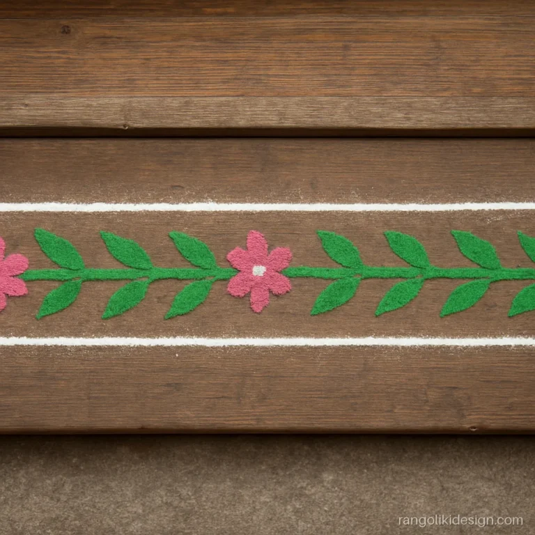 Simple border rangoli of a green leaf vine along a threshold
